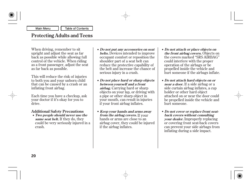 Protecting adults and teens | Acura 2010 RL User Manual | Page 23 / 551