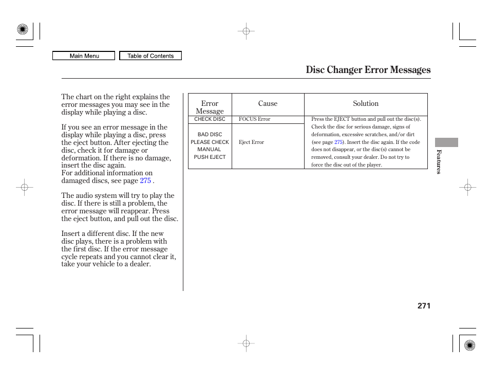 Disc changer error messages | Acura 2010 RL User Manual | Page 274 / 551