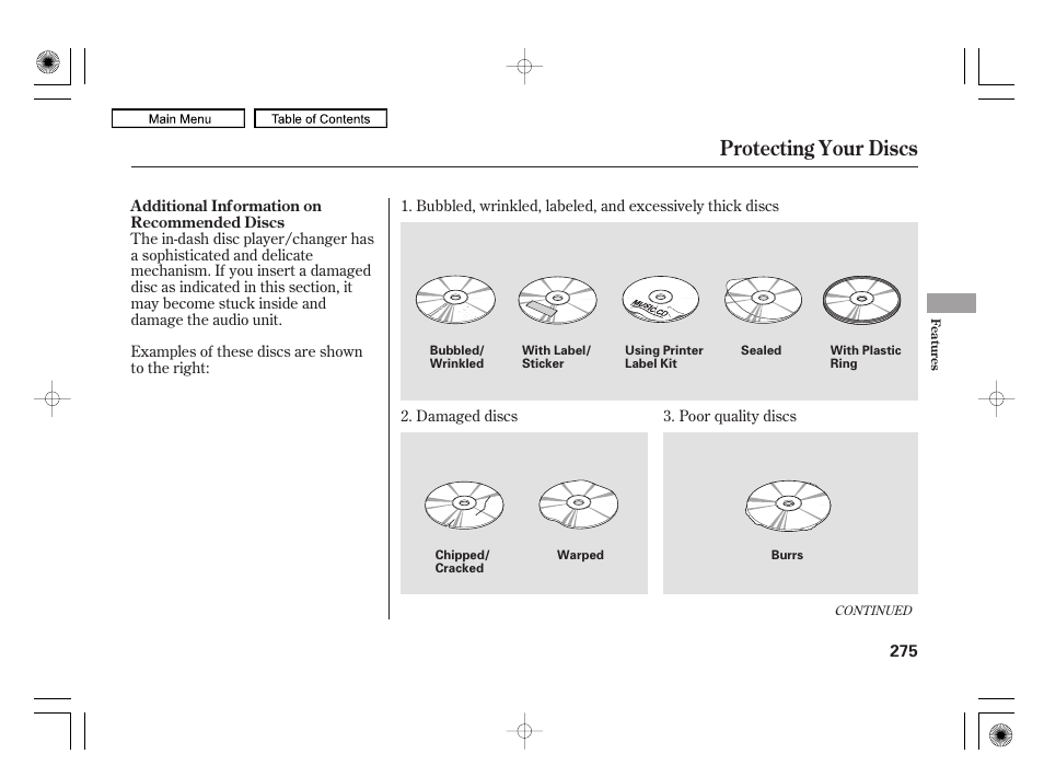 Protecting your discs | Acura 2010 RL User Manual | Page 278 / 551