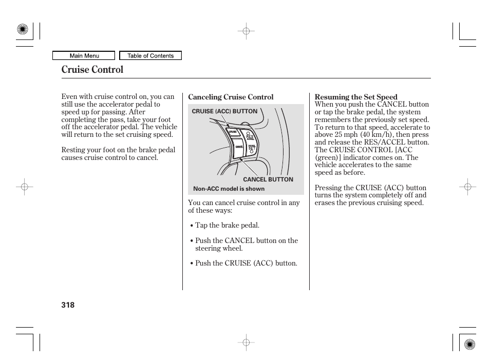 Cruise control | Acura 2010 RL User Manual | Page 321 / 551