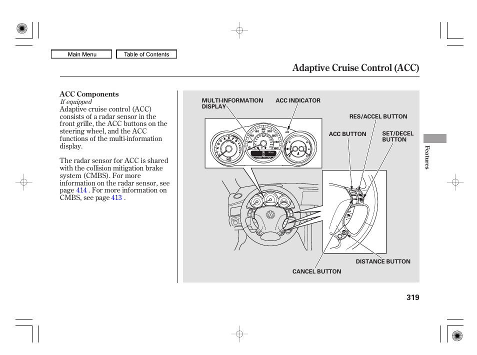 Control, Adaptive cruise control (acc) | Acura 2010 RL User Manual | Page 322 / 551