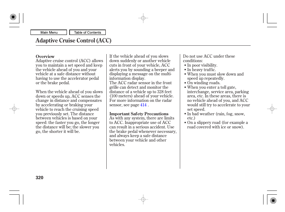 Adaptive cruise control (acc) | Acura 2010 RL User Manual | Page 323 / 551