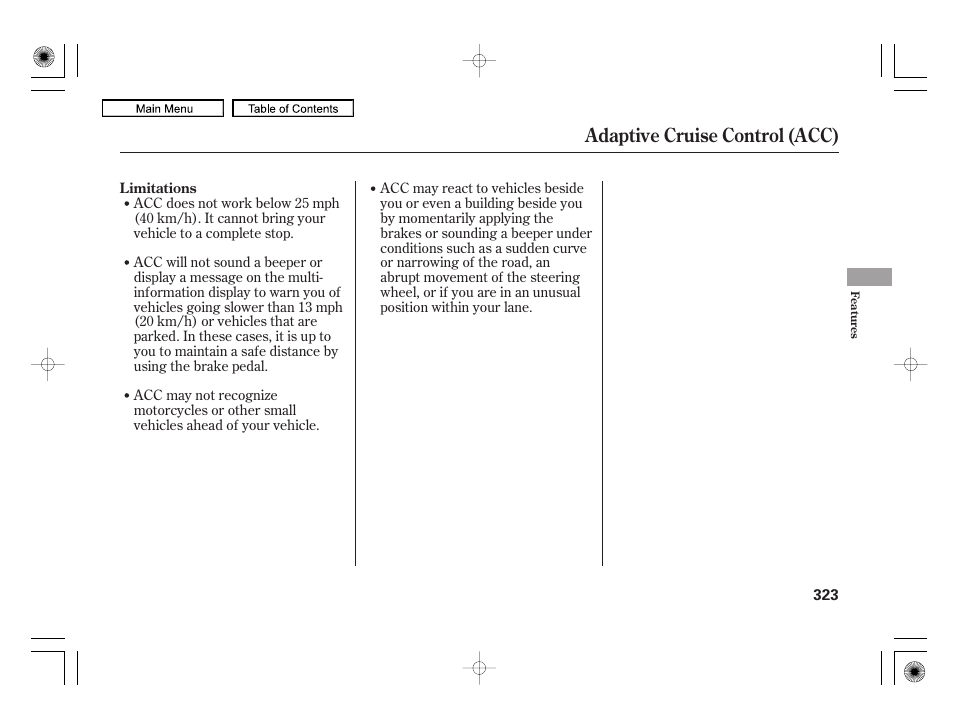 Adaptive cruise control (acc) | Acura 2010 RL User Manual | Page 326 / 551