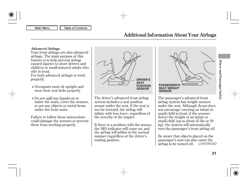 Additional information about your airbags | Acura 2010 RL User Manual | Page 34 / 551
