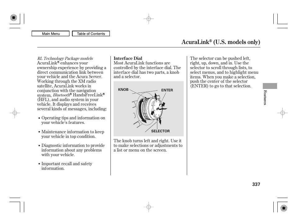 Acuralink (u.s. models only) | Acura 2010 RL User Manual | Page 340 / 551
