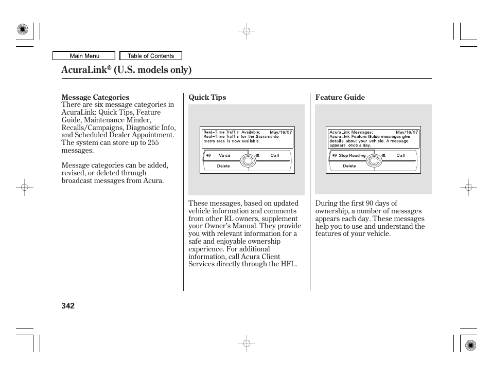 Acuralink (u.s. models only) | Acura 2010 RL User Manual | Page 345 / 551