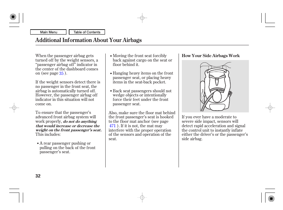 Additional information about your airbags | Acura 2010 RL User Manual | Page 35 / 551