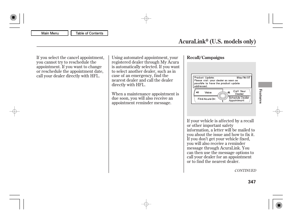 Acuralink (u.s. models only) | Acura 2010 RL User Manual | Page 350 / 551