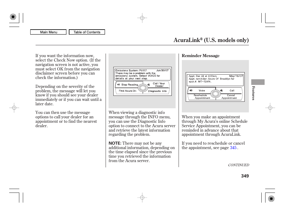 Acuralink (u.s. models only) | Acura 2010 RL User Manual | Page 352 / 551