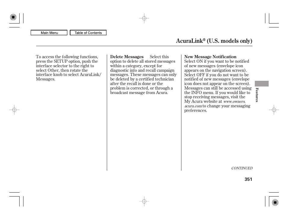 Acuralink (u.s. models only) | Acura 2010 RL User Manual | Page 354 / 551