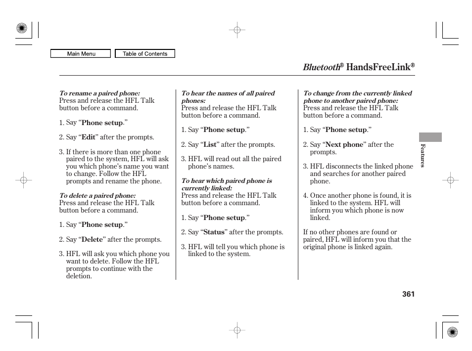 Handsfreelink, Bluetooth | Acura 2010 RL User Manual | Page 364 / 551