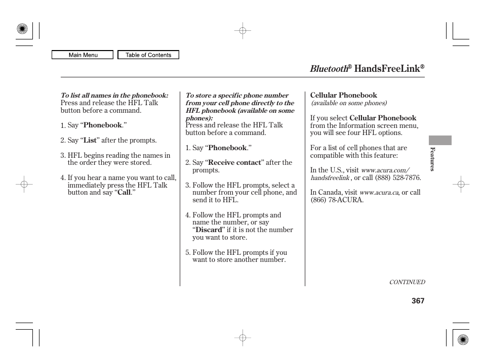 Handsfreelink, Bluetooth | Acura 2010 RL User Manual | Page 370 / 551