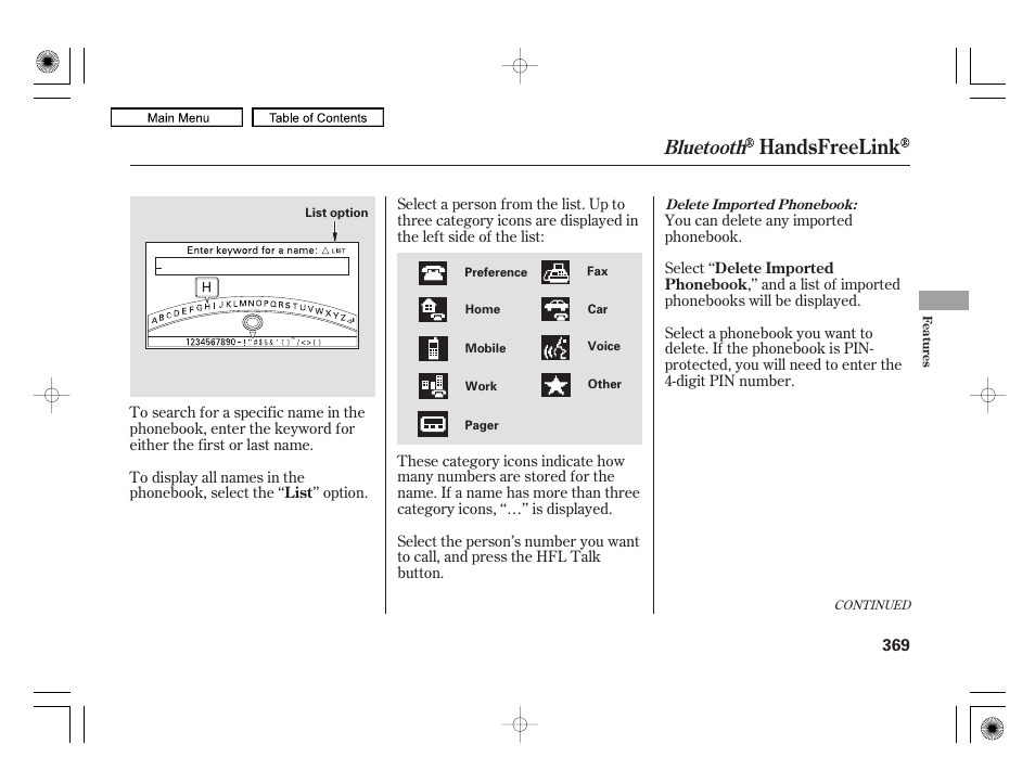 Handsfreelink, Bluetooth | Acura 2010 RL User Manual | Page 372 / 551