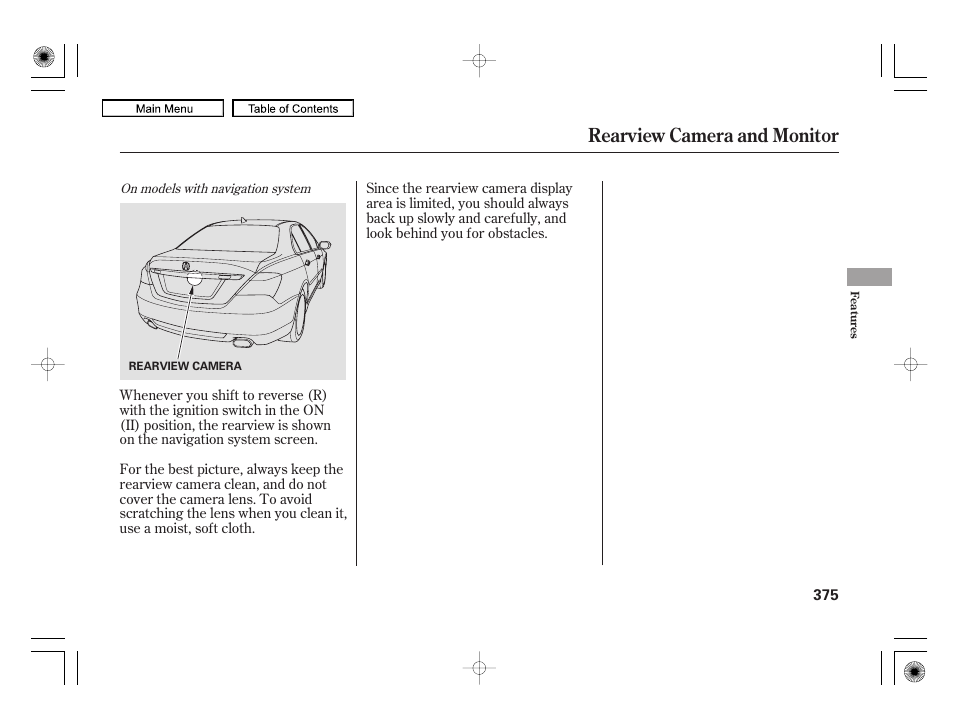 Rearview camera and monitor | Acura 2010 RL User Manual | Page 378 / 551