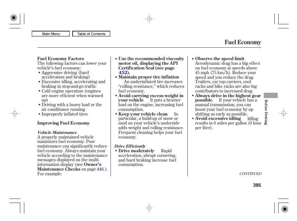 Fuel economy | Acura 2010 RL User Manual | Page 388 / 551