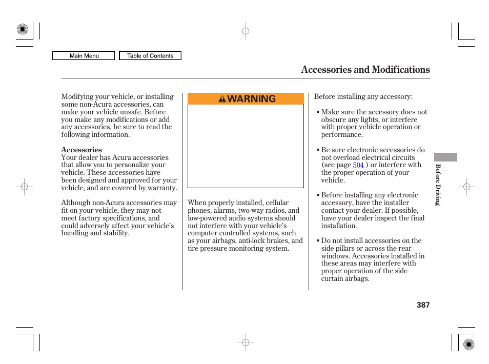 Accessories and modifications | Acura 2010 RL User Manual | Page 390 / 551
