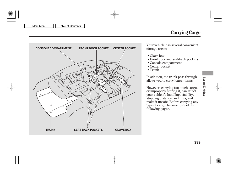 Carrying cargo | Acura 2010 RL User Manual | Page 392 / 551