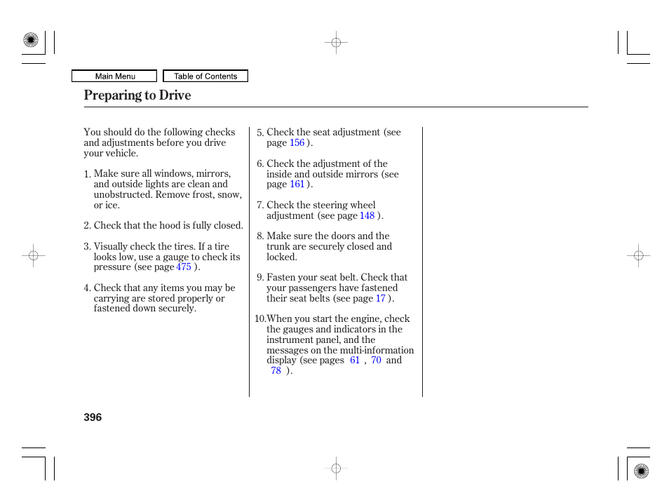 Preparing to drive | Acura 2010 RL User Manual | Page 399 / 551