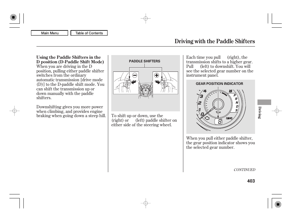 Driving with the paddle shifters | Acura 2010 RL User Manual | Page 406 / 551
