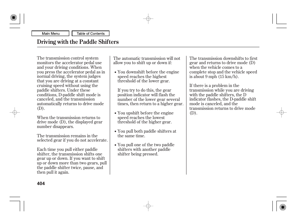 Driving with the paddle shifters | Acura 2010 RL User Manual | Page 407 / 551