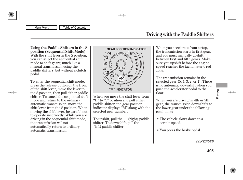 Driving with the paddle shifters | Acura 2010 RL User Manual | Page 408 / 551