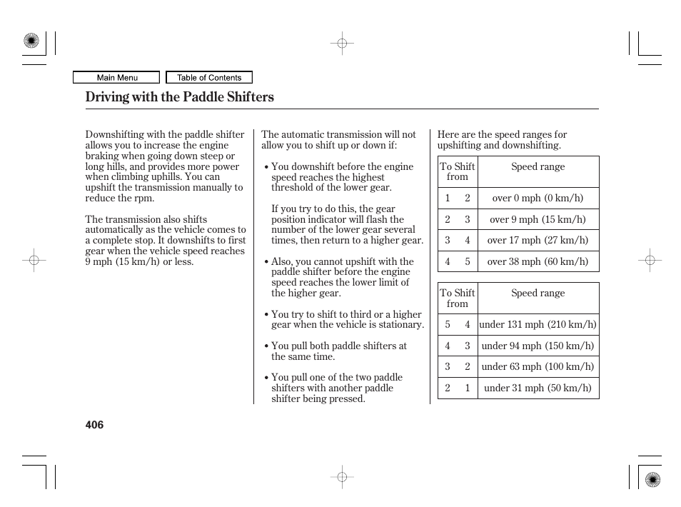 Driving with the paddle shifters | Acura 2010 RL User Manual | Page 409 / 551