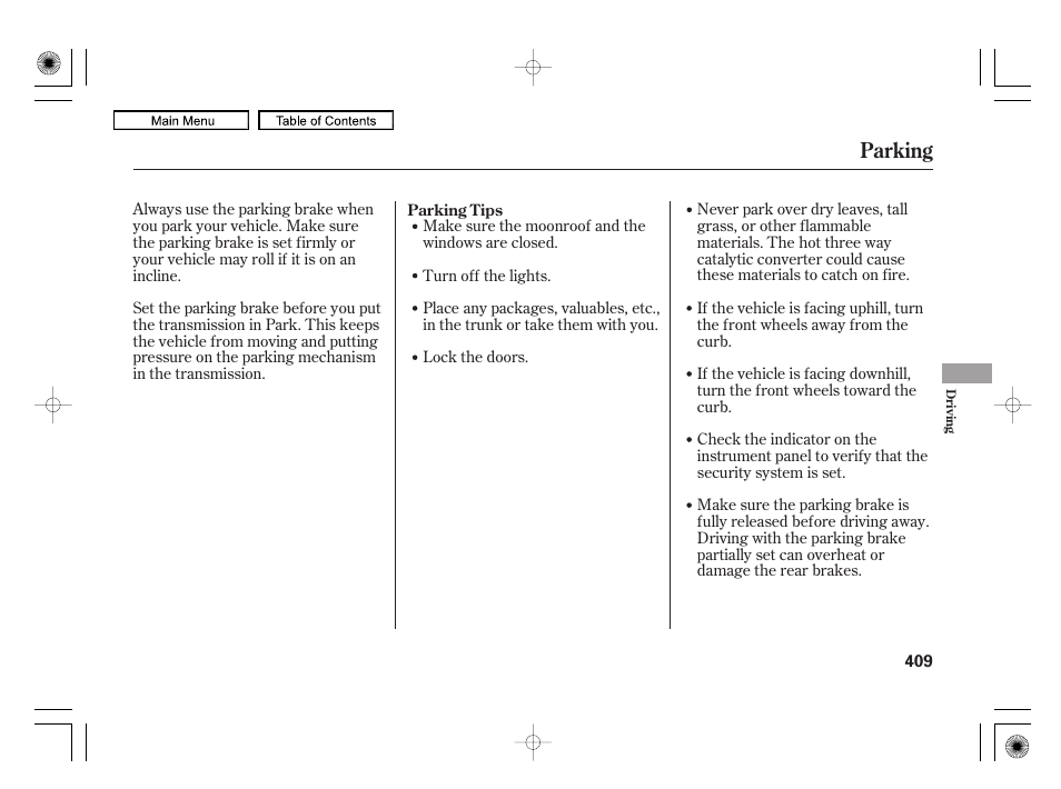 Parking | Acura 2010 RL User Manual | Page 412 / 551