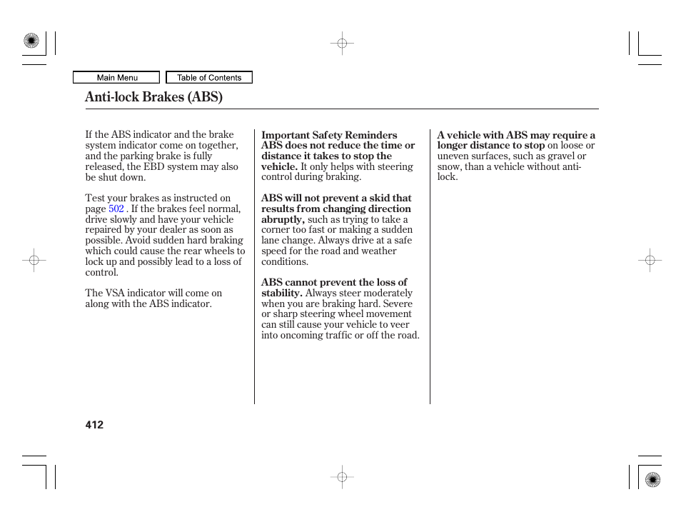 Anti-lock brakes (abs) | Acura 2010 RL User Manual | Page 415 / 551