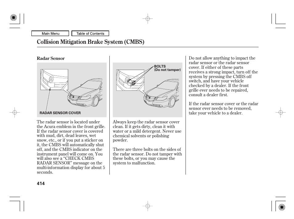 Collision mitigation brake system (cmbs) | Acura 2010 RL User Manual | Page 417 / 551