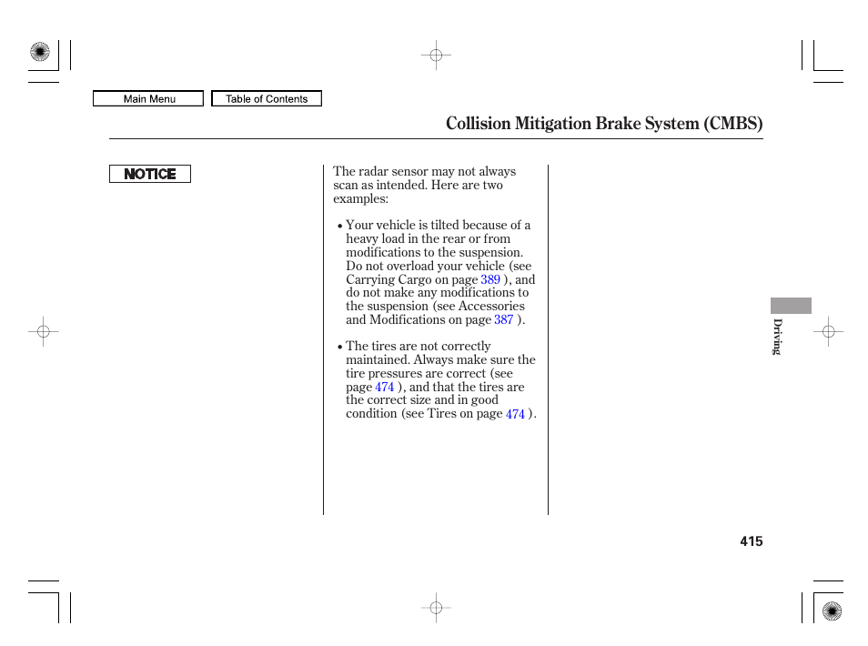 Collision mitigation brake system (cmbs) | Acura 2010 RL User Manual | Page 418 / 551