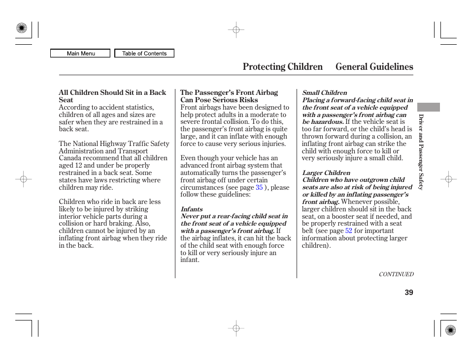 Protecting children general guidelines | Acura 2010 RL User Manual | Page 42 / 551