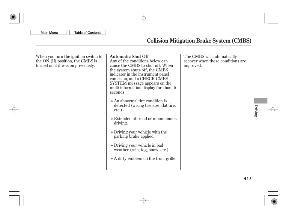 Collision mitigation brake system (cmbs) | Acura 2010 RL User Manual | Page 420 / 551