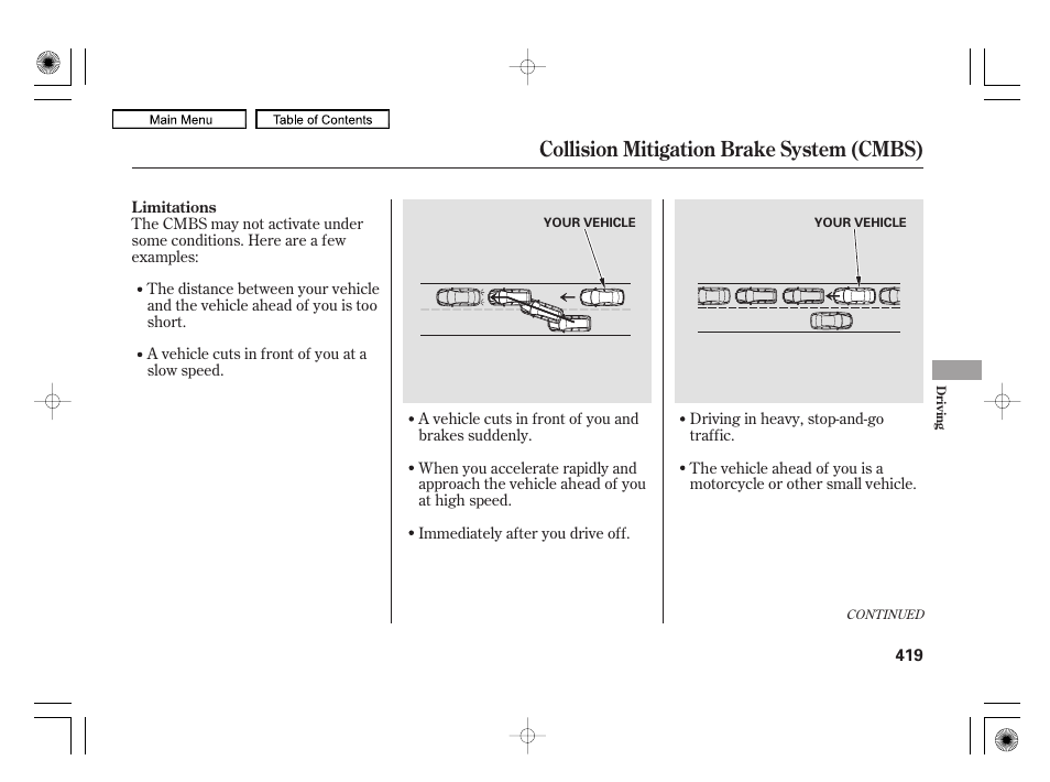 Collision mitigation brake system (cmbs) | Acura 2010 RL User Manual | Page 422 / 551