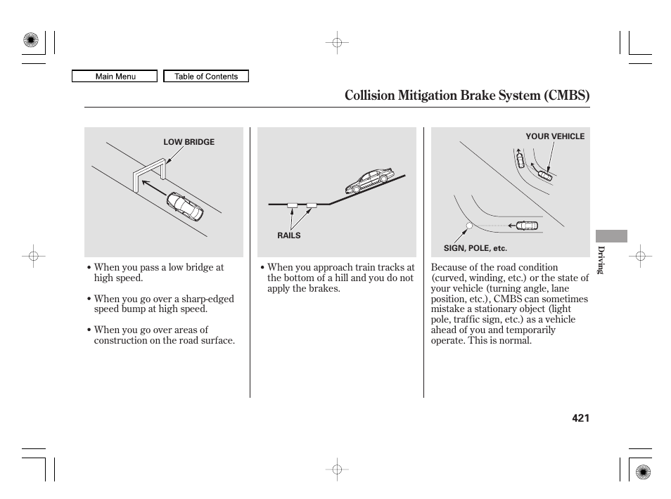 Collision mitigation brake system (cmbs) | Acura 2010 RL User Manual | Page 424 / 551