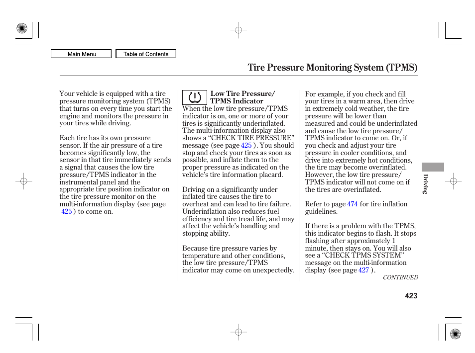 Tire pressure monitoring system (tpms) | Acura 2010 RL User Manual | Page 426 / 551