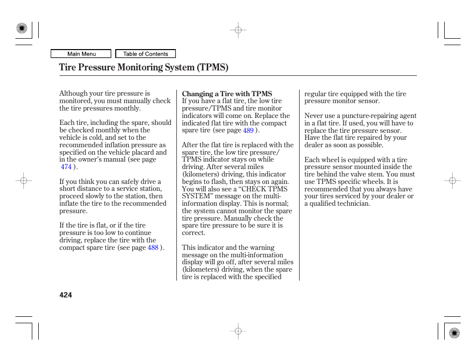 Tire pressure monitoring system (tpms) | Acura 2010 RL User Manual | Page 427 / 551