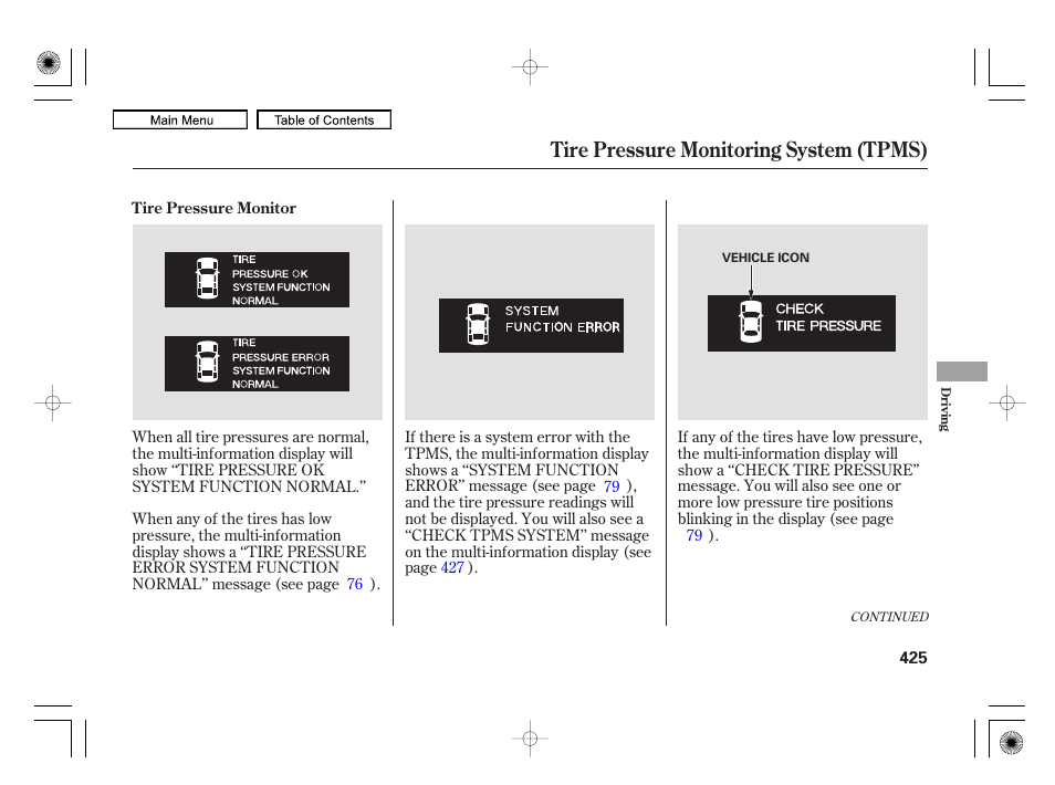 Tire pressure monitoring system (tpms) | Acura 2010 RL User Manual | Page 428 / 551