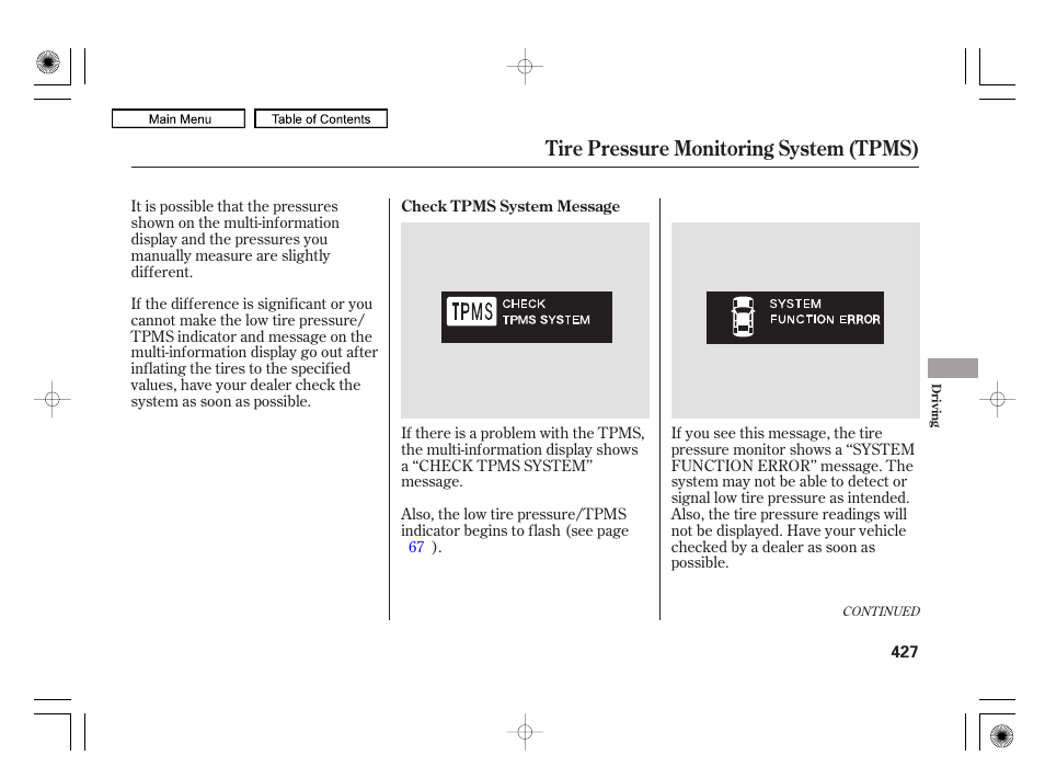 Tire pressure monitoring system (tpms) | Acura 2010 RL User Manual | Page 430 / 551