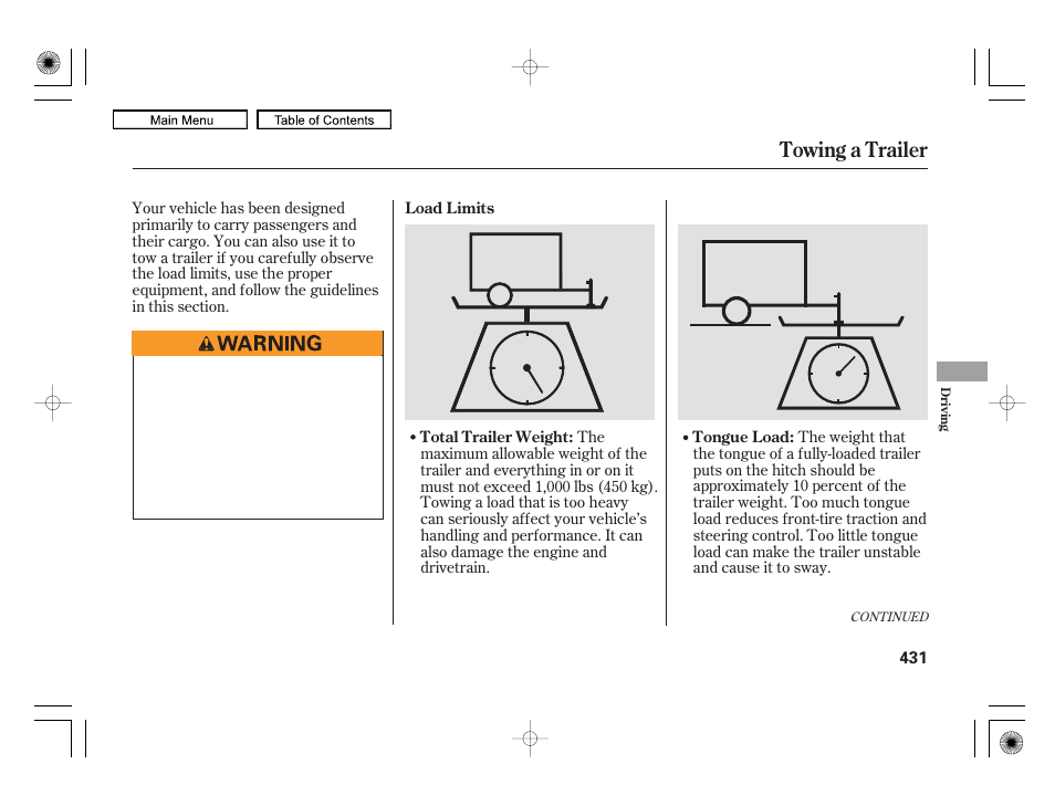 Towing a trailer | Acura 2010 RL User Manual | Page 434 / 551