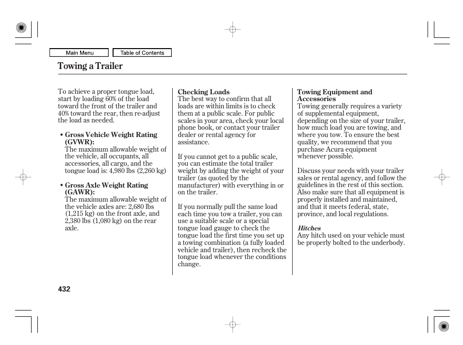 Towing a trailer | Acura 2010 RL User Manual | Page 435 / 551