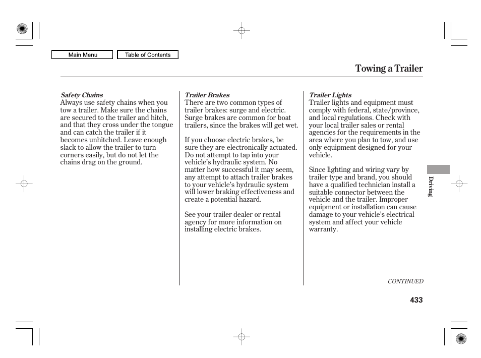 Towing a trailer | Acura 2010 RL User Manual | Page 436 / 551