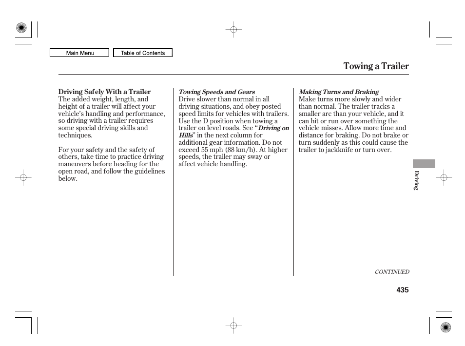 Towing a trailer | Acura 2010 RL User Manual | Page 438 / 551