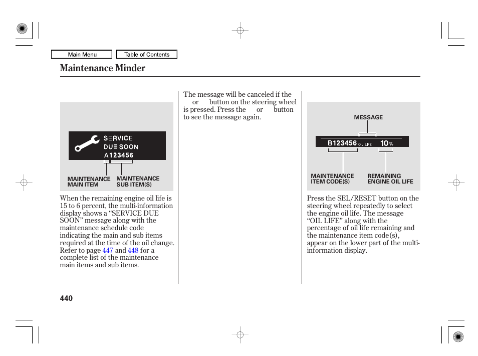 Maintenance minder | Acura 2010 RL User Manual | Page 443 / 551