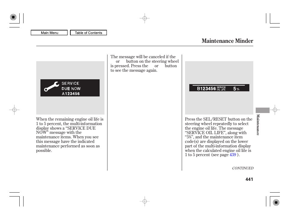 Maintenance minder | Acura 2010 RL User Manual | Page 444 / 551