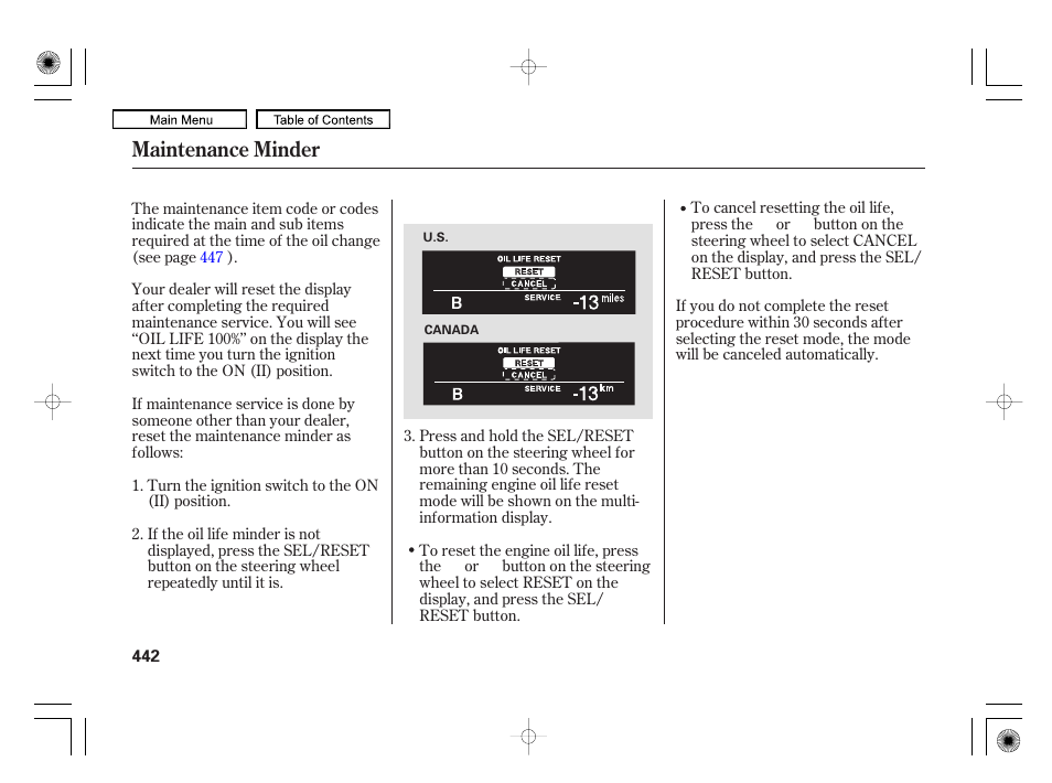 Maintenance minder | Acura 2010 RL User Manual | Page 445 / 551