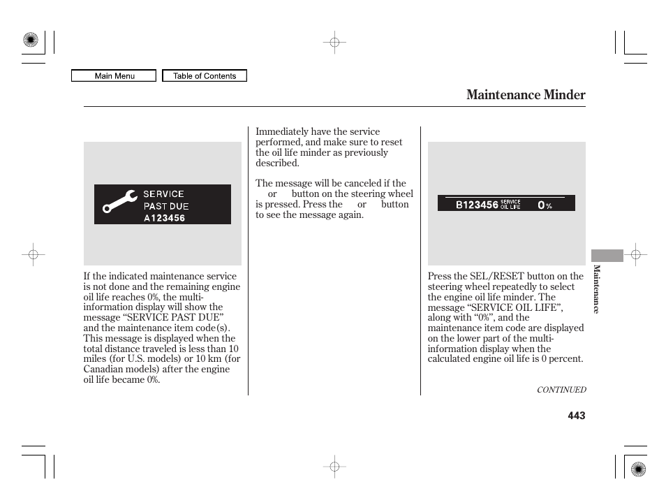 Maintenance minder | Acura 2010 RL User Manual | Page 446 / 551