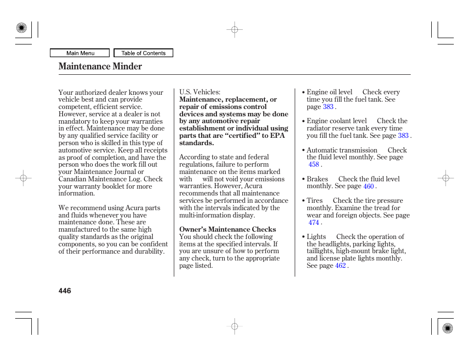 Maintenance minder | Acura 2010 RL User Manual | Page 449 / 551