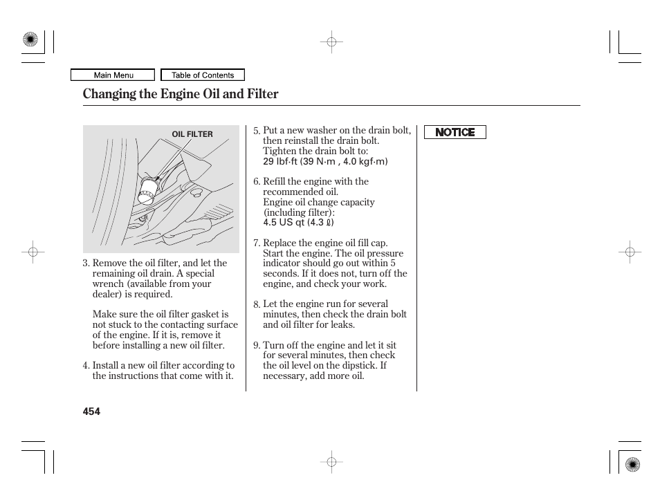 Changing the engine oil and filter | Acura 2010 RL User Manual | Page 457 / 551