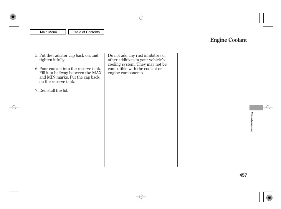 Engine coolant | Acura 2010 RL User Manual | Page 460 / 551