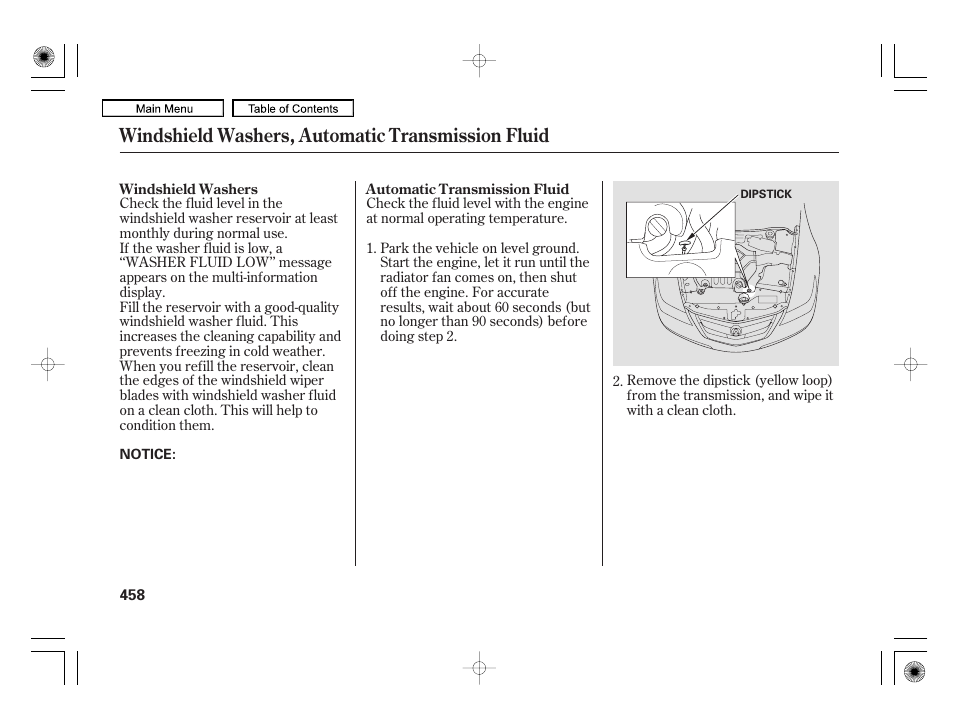 Windshield washers, automatic transmission fluid | Acura 2010 RL User Manual | Page 461 / 551